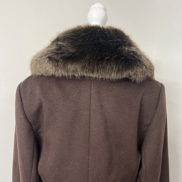 Vtg Women’s 6 Jones New York Brown Wool Blend Pea Coat Trench Faux Fur Collar - Picture 5 of 16